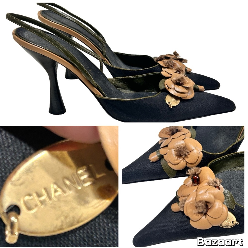 Vintage CHANEL Camellia Slingback Heels  Black Linen Tan Olive Leather Flower - Picture 8 of 15